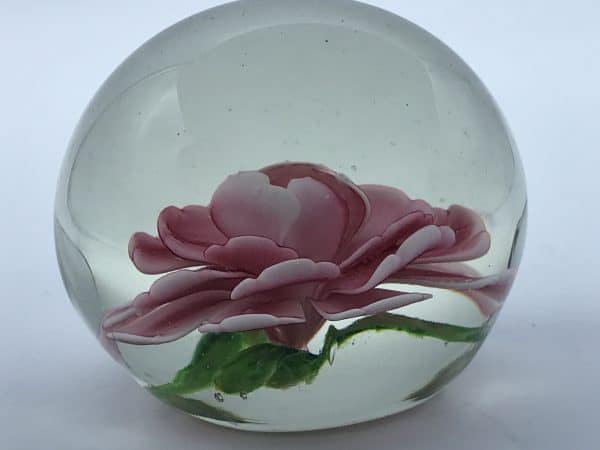 Small Vintage Chinese Glass Paperweight Pink Peony Crimp Rose