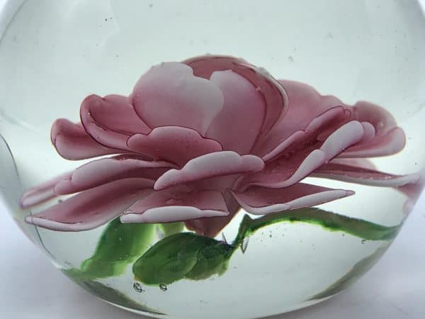 Small Vintage Chinese Glass Paperweight Pink Peony Crimp Rose - Image 3