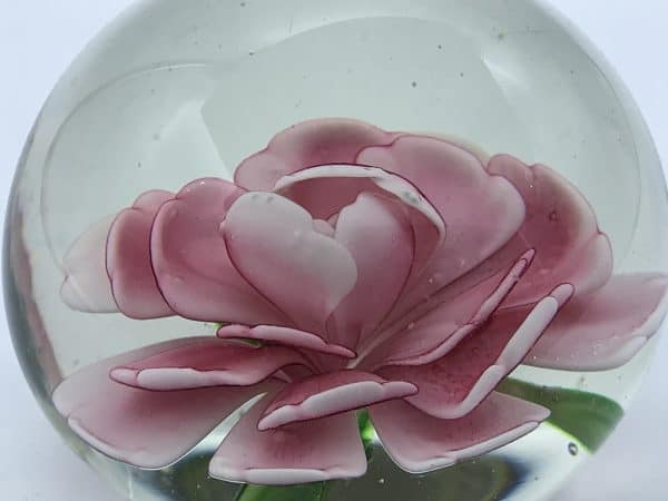 Small Vintage Chinese Glass Paperweight Pink Peony Crimp Rose - Image 4