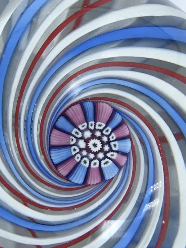 John Deacons 1998 Millefiori Spiral Glass Paperweight – Red White Blue – Signed Art Glass Collectible