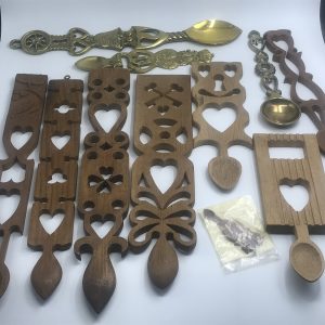 Large Group Collection Carved Wood And Brass Welsh Love Spoons