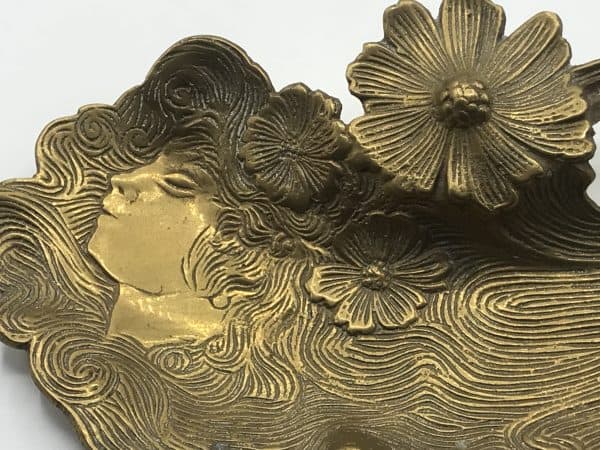 Beautiful Brass Dish Art Nouveau Lady With Flowers