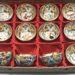 Set Hand Painted Chinese Porcelain Tea Bowls Zodiac Millefiori