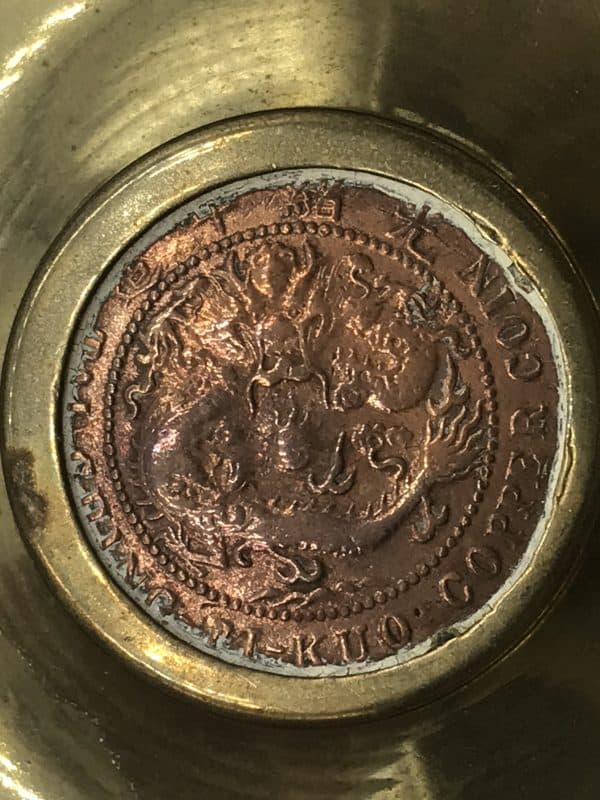Brass Dish Set With Chinese Tai Ching Ti Kuo Cash Coin