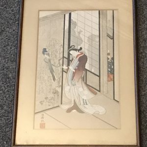 Rare Japanese Woodblock Print – Geisha & Bird – Morikiyo’s “The Gay Quarters”
