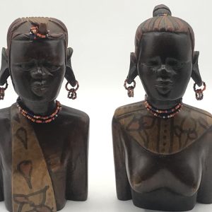 Pair Carved Wood African Figures Decorated With Shells