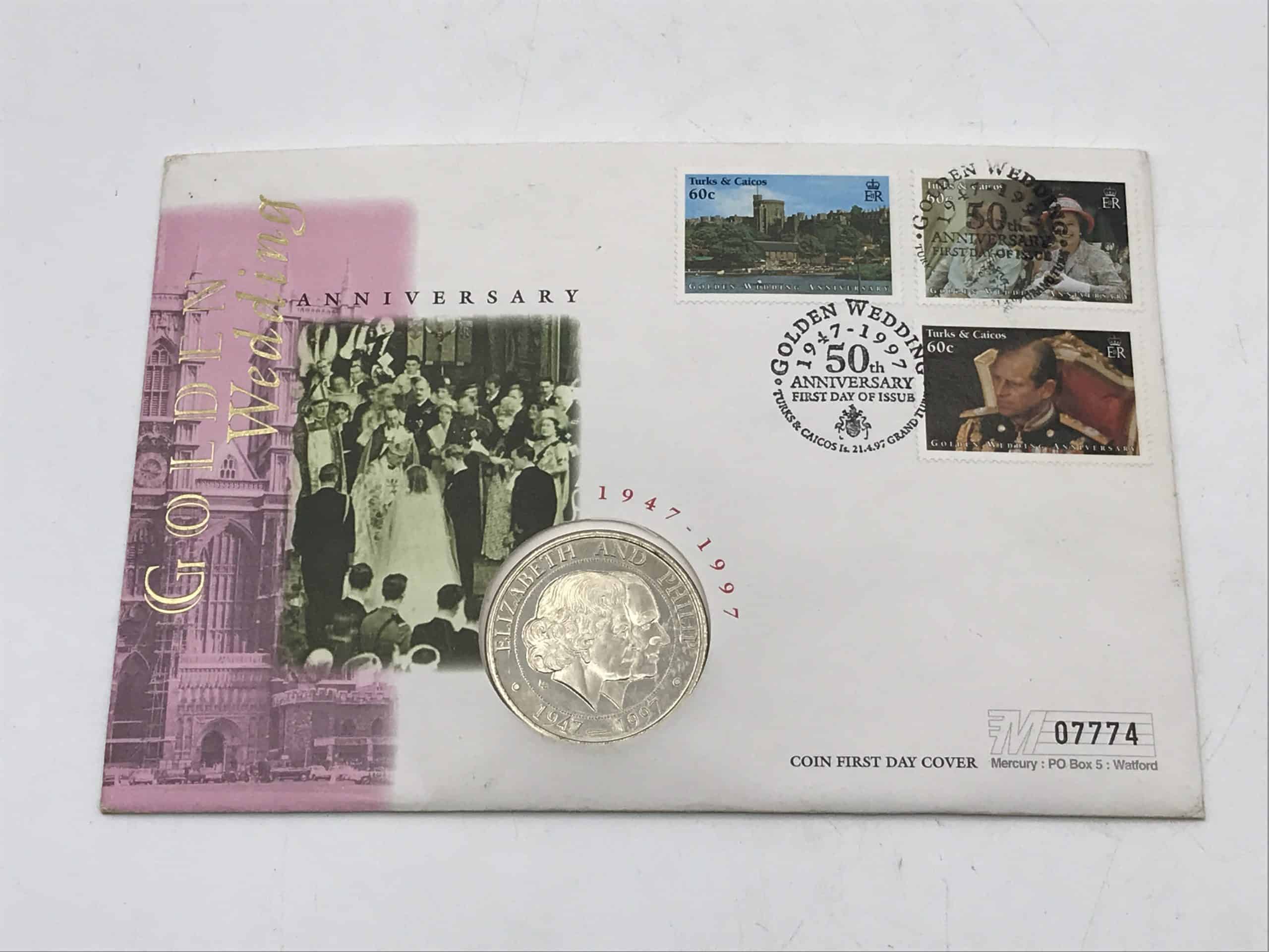 1947 - 1997 Golden Wedding Anniversary Elizabeth and Phillip 5 Crowns Cover