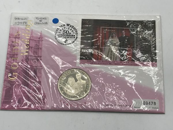 Turks and Caicos Coin Cover Elizabeth II Philip Golden Wedding Five Crowns 1997