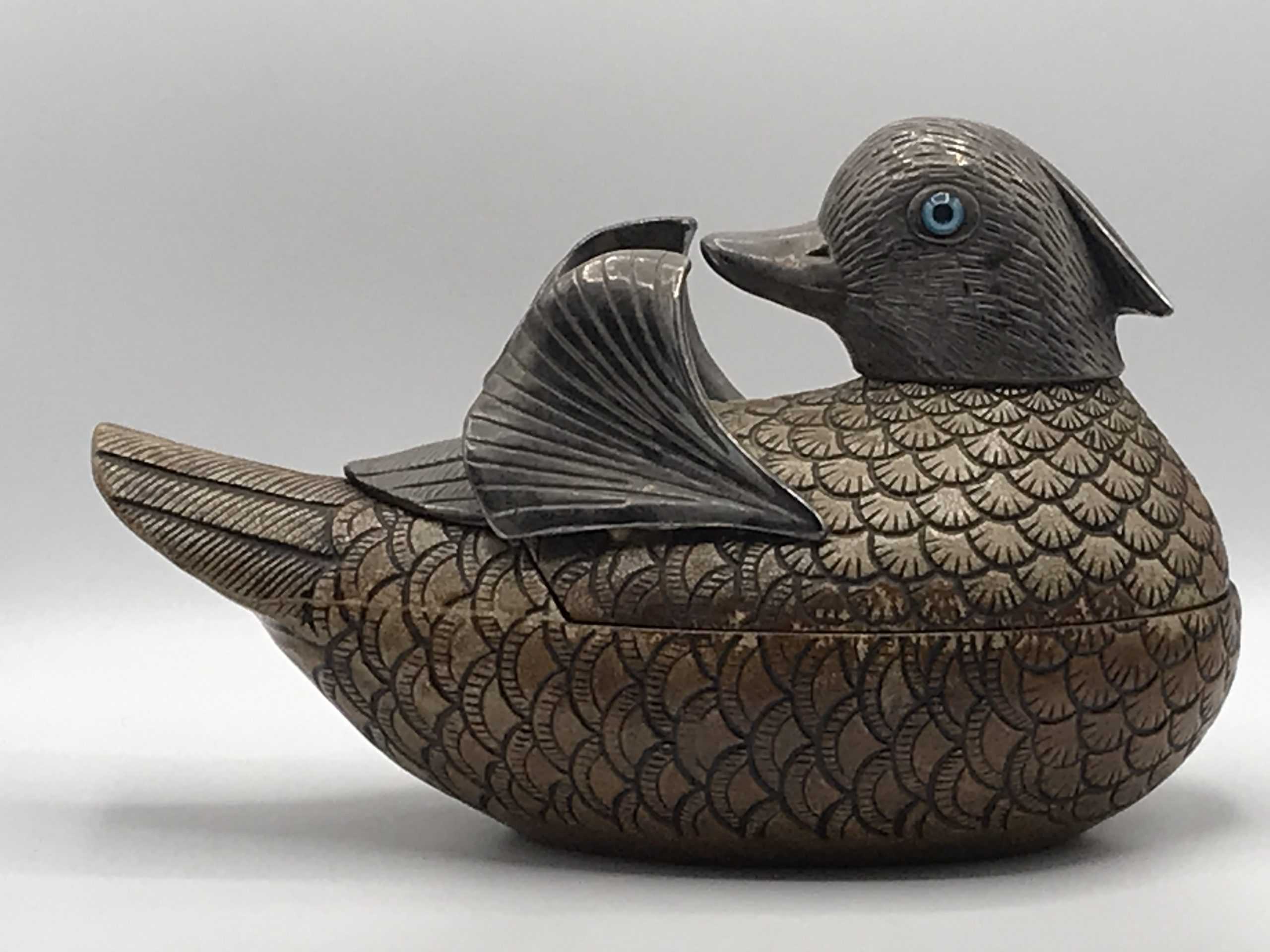 Vintage Chinese Lacquer Duck Box with Pewter Head, Wings & Glass Eyes – Ornate 20th Century Decorative Piece