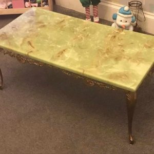 French Style Retro Faux Green Onyx Coffee Table – Gilded Metal Legs – 1980s Vintage