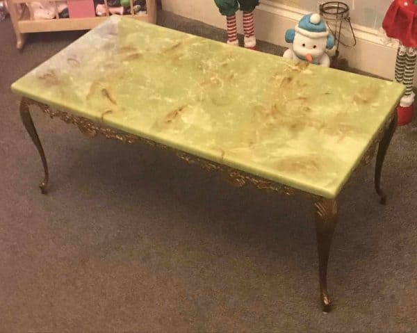 French Style Retro Faux Green Onyx Coffee Table – Gilded Metal Legs – 1980s Vintage