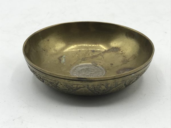 Antique Brass Dish Set With Middle Eastern Silver Coin