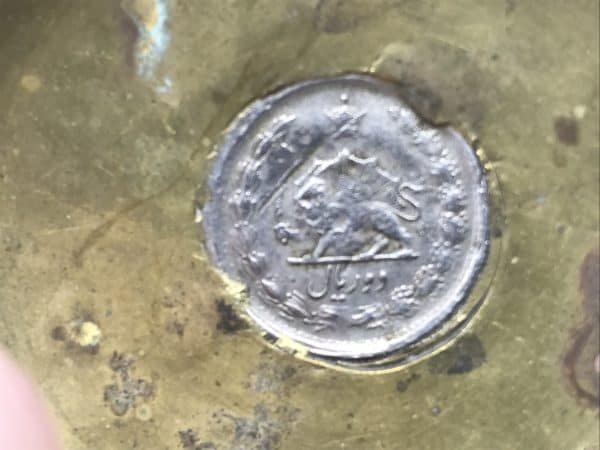 Antique Brass Dish Set With Middle Eastern Silver Coin - Image 4