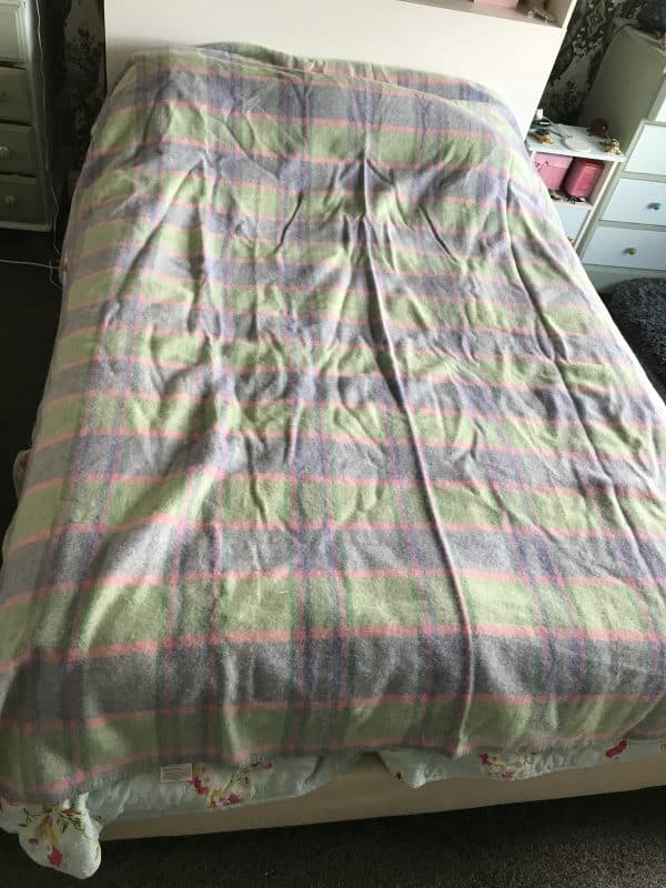 Large Vintage Wool Blanket – Pink & Green Check – 90” x 68” – Classic Cozy Charm