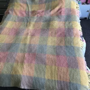 Vintage Welsh Waffle Blanket – Soft Pastel Plaid – 68 x 56 Inches