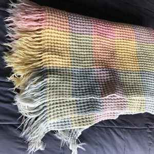 Vintage Welsh Waffle Blanket – Soft Pastel Plaid – 68 x 56 Inches