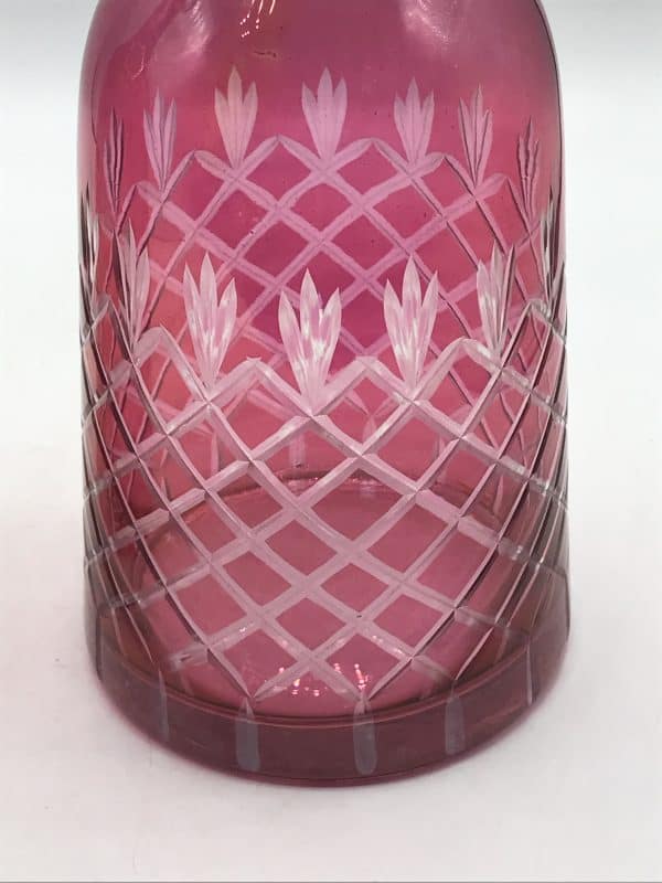 Pair 1940s Cranberry Ruby Flashed Cut Glass Decanters – Hand-Cut Vintage Barware – 12.75” - Image 3