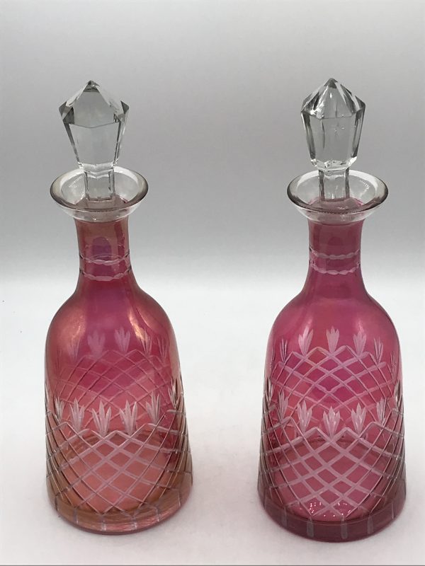 Pair 1940s Cranberry Ruby Flashed Cut Glass Decanters – Hand-Cut Vintage Barware – 12.75” - Image 5