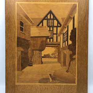 Vintage Marquetry Inlaid Wood Panel Tudor House With Dog