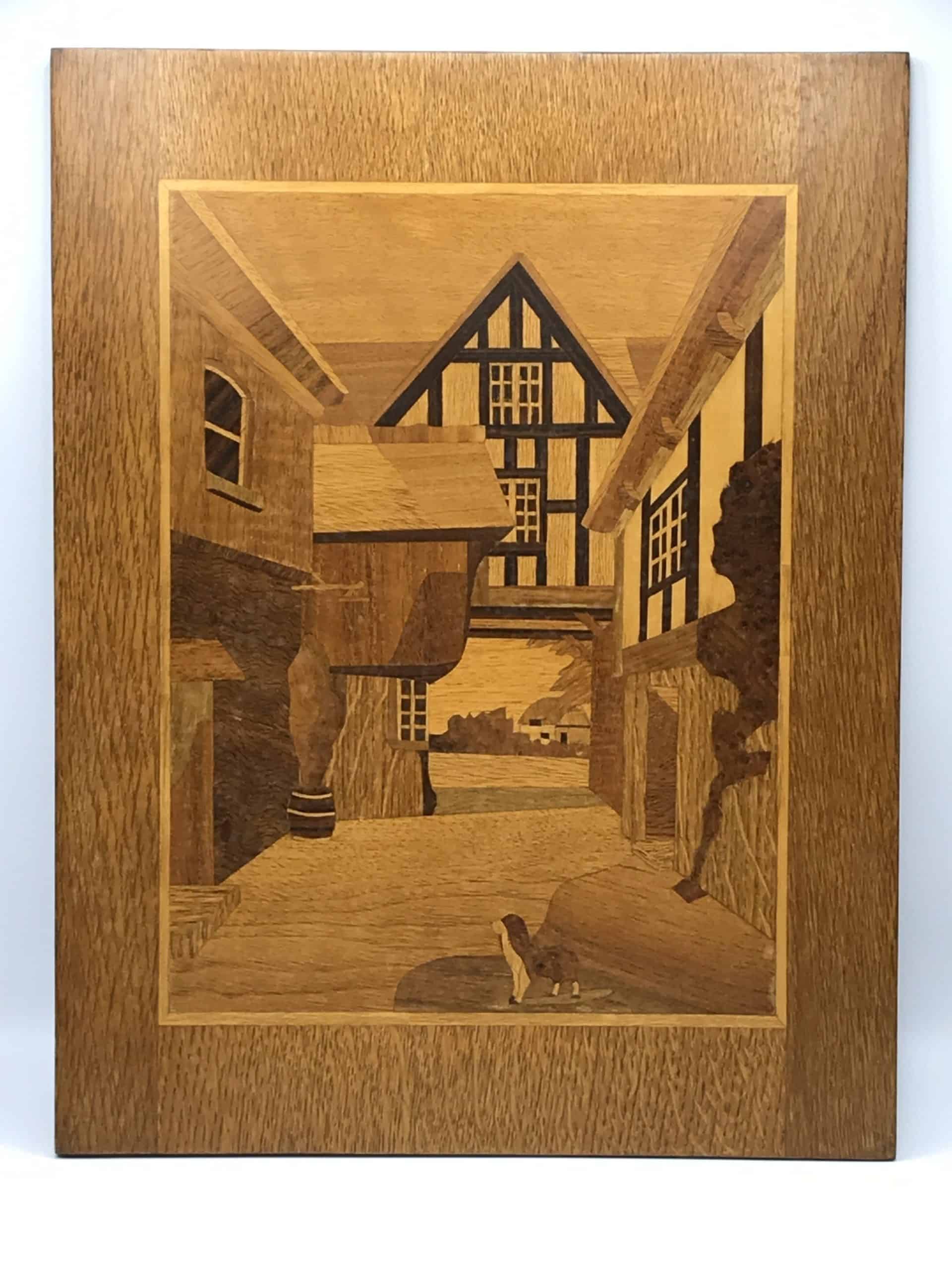 Vintage Marquetry Inlaid Wood Panel Tudor House With Dog