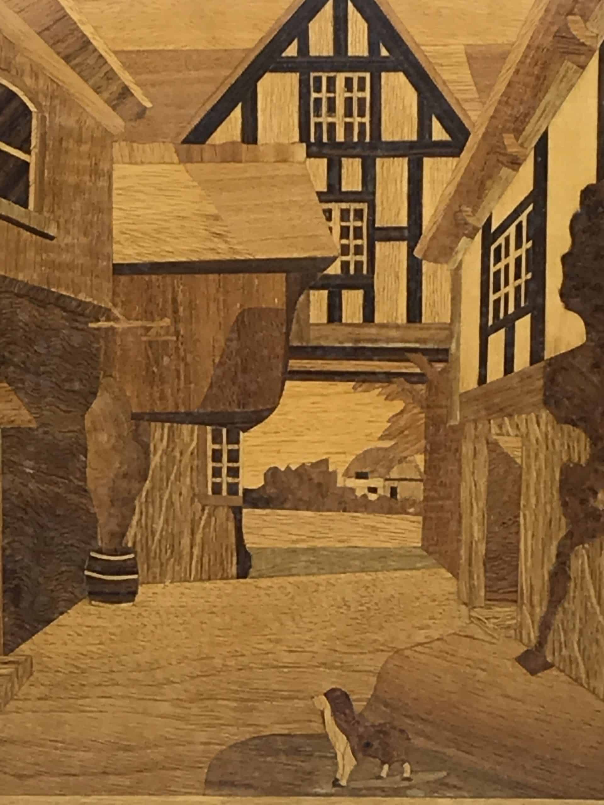 Vintage Marquetry Inlaid Wood Panel Tudor House With Dog - Image 3