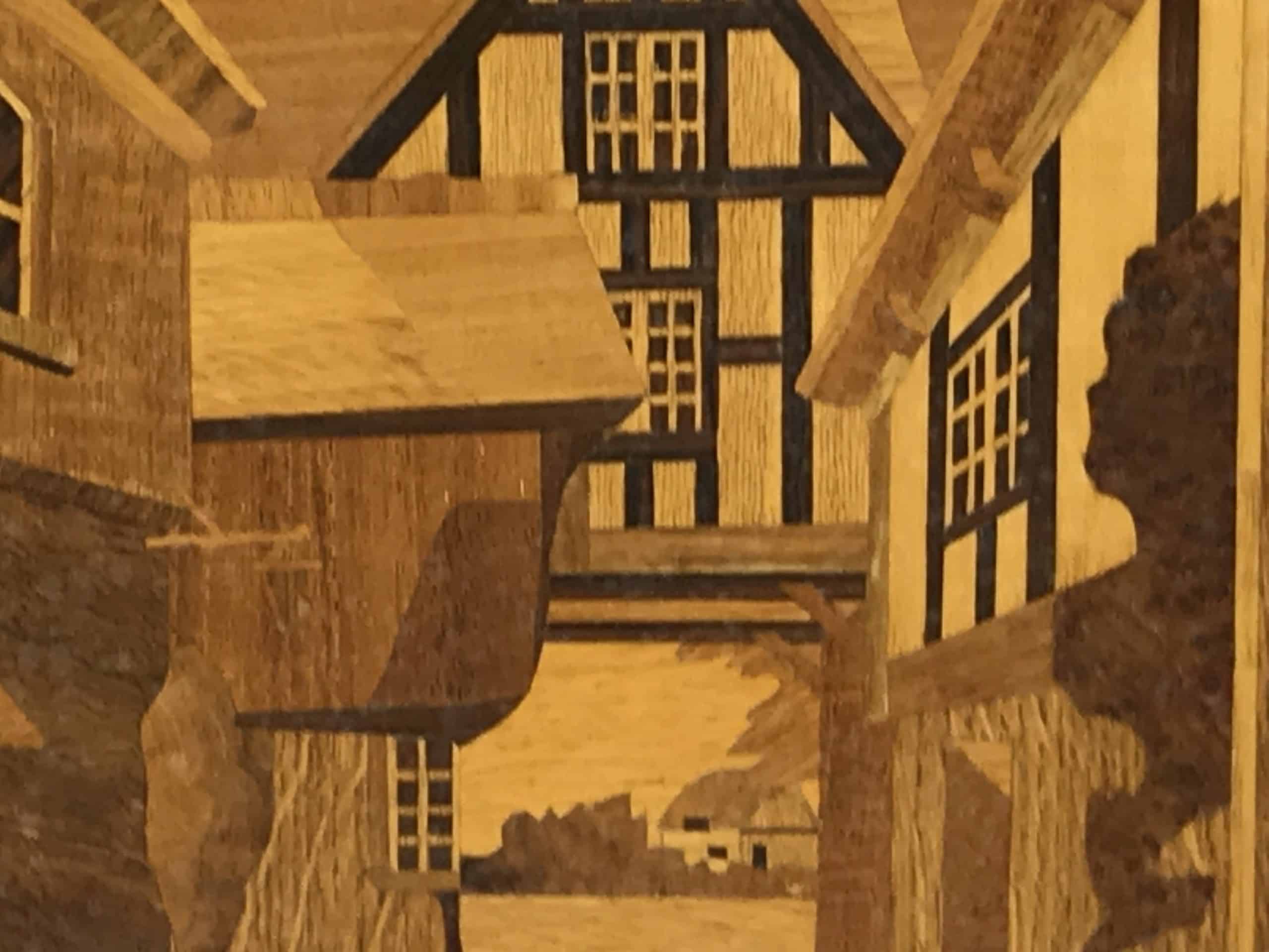 Vintage Marquetry Inlaid Wood Panel Tudor House With Dog - Image 4
