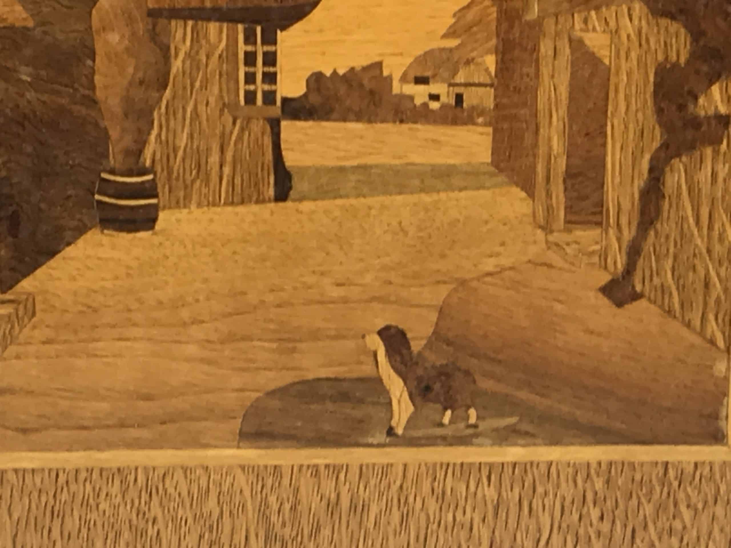 Vintage Marquetry Inlaid Wood Panel Tudor House With Dog - Image 5