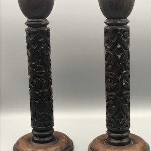 Pair Tall Carved Wood Candlesticks