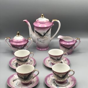 1940s Japanese Eggshell Porcelain Tea Set – Pink, Hand-Painted Dragons, Geisha Base