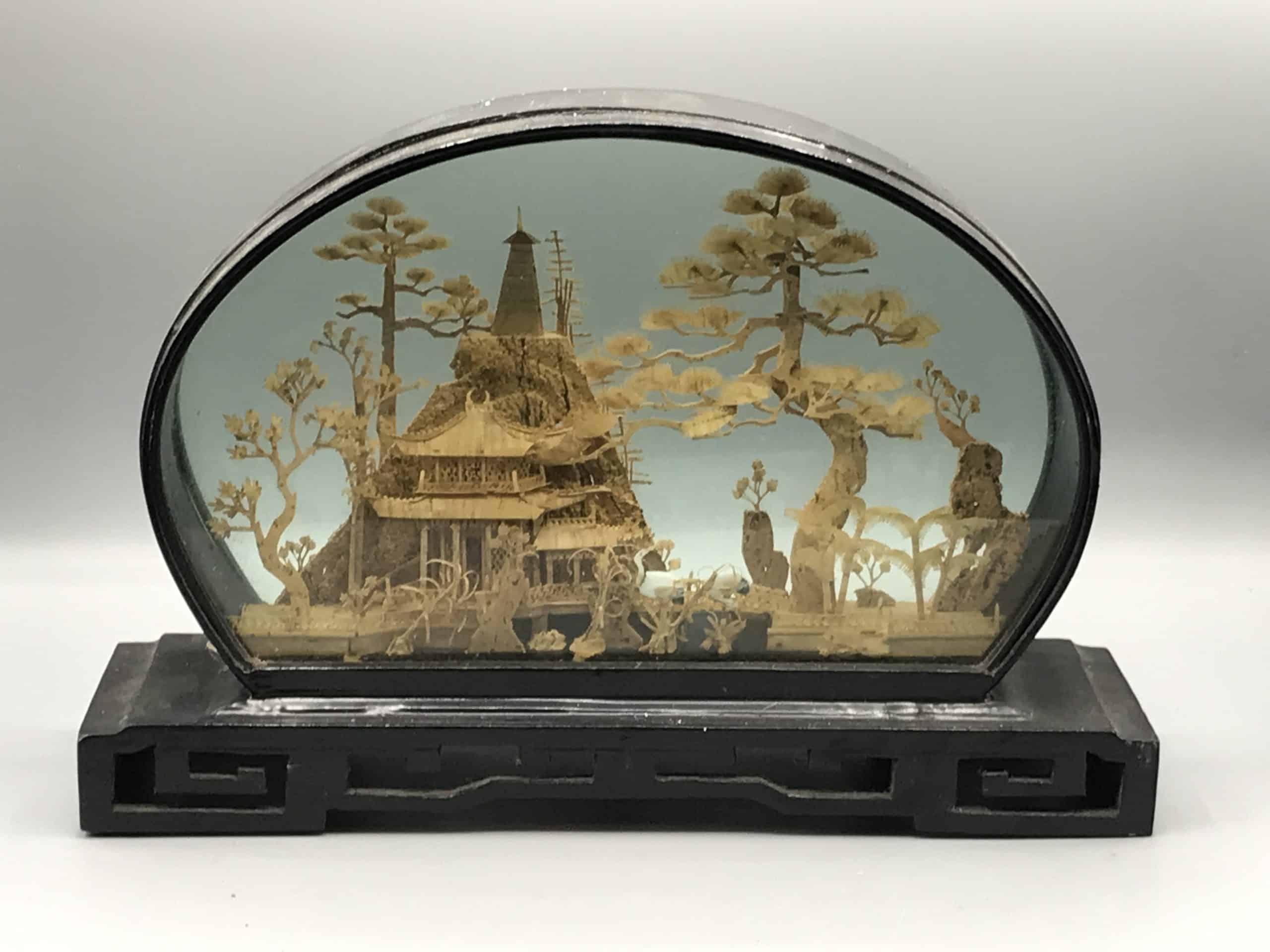 Vintage Chinese Cork Carving Diorama In Display Case