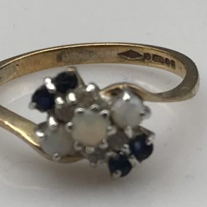 9ct Gold Diamond Sapphire & Opal Cluster Ring Size N Elegant Vintage Design