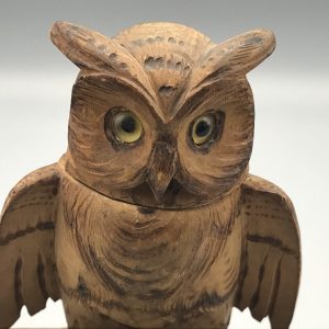 Antique Black Forest Style Carved Wooden Owl Inkwell – 5.5” Tall, Glass Eyes, Patina, with Feather Pen
