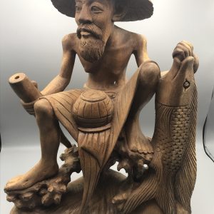 Large Indonesian Hand Carved Wood Fisherman Figure – 15.5″ Tall – Superb Detail