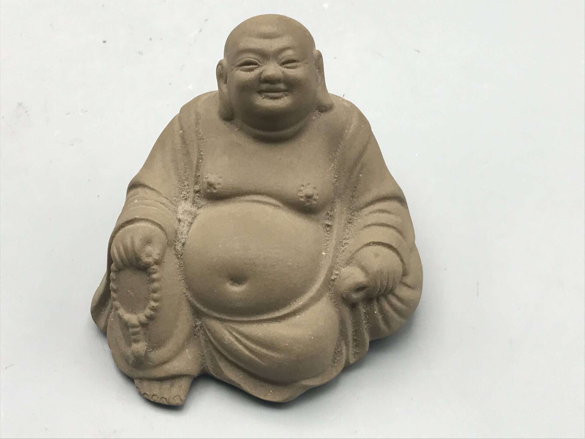 Small Clay Buddha Figurine with Chinese Mark – Possibly Yixing Ware – 2” Tall – Zen Décor