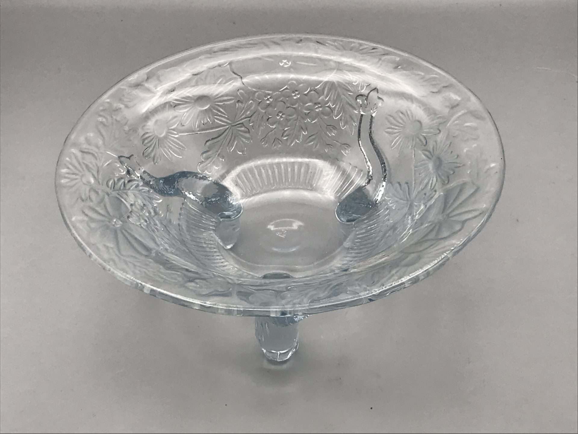 Sowerby Art Deco Glass Dolphin Bowl – Blue Pressed Floral Design – 1930s – 8.75" Vintage - Image 3