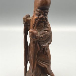 Vintage Chinese Sho Lao Wood Carving – God of Longevity Statue