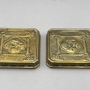 Pair of Antique Engraved Brass Base Plates – Asian Style Plaques or Coasters, 3.5″