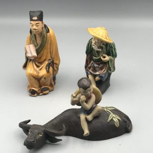 Vintage Chinese Ceramic Figures – Scholar, Elder & Water Buffalo Trio