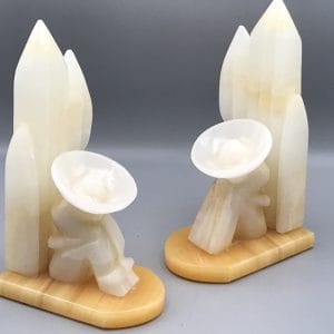 Vintage Onyx Bookends – Carved Cactus & Seated Sombrero Figure, 8.5″ Tall