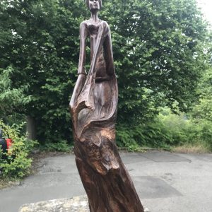 Balinese Hand-Carved Wood Sculpture – Signed Elegant Lady, 26″ Tall