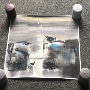 Contemporary Chinese Harbor Scene Watercolor – Signed & Stamped Art on Paper