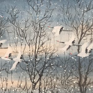 Cranes in Snow – Chinese Ink and Watercolor Painting on Paper (33.25 x 22.75 inches)