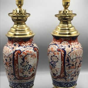 Pair of Early 20th C. Japanese Imari Vase Lamps with Brass Mounts