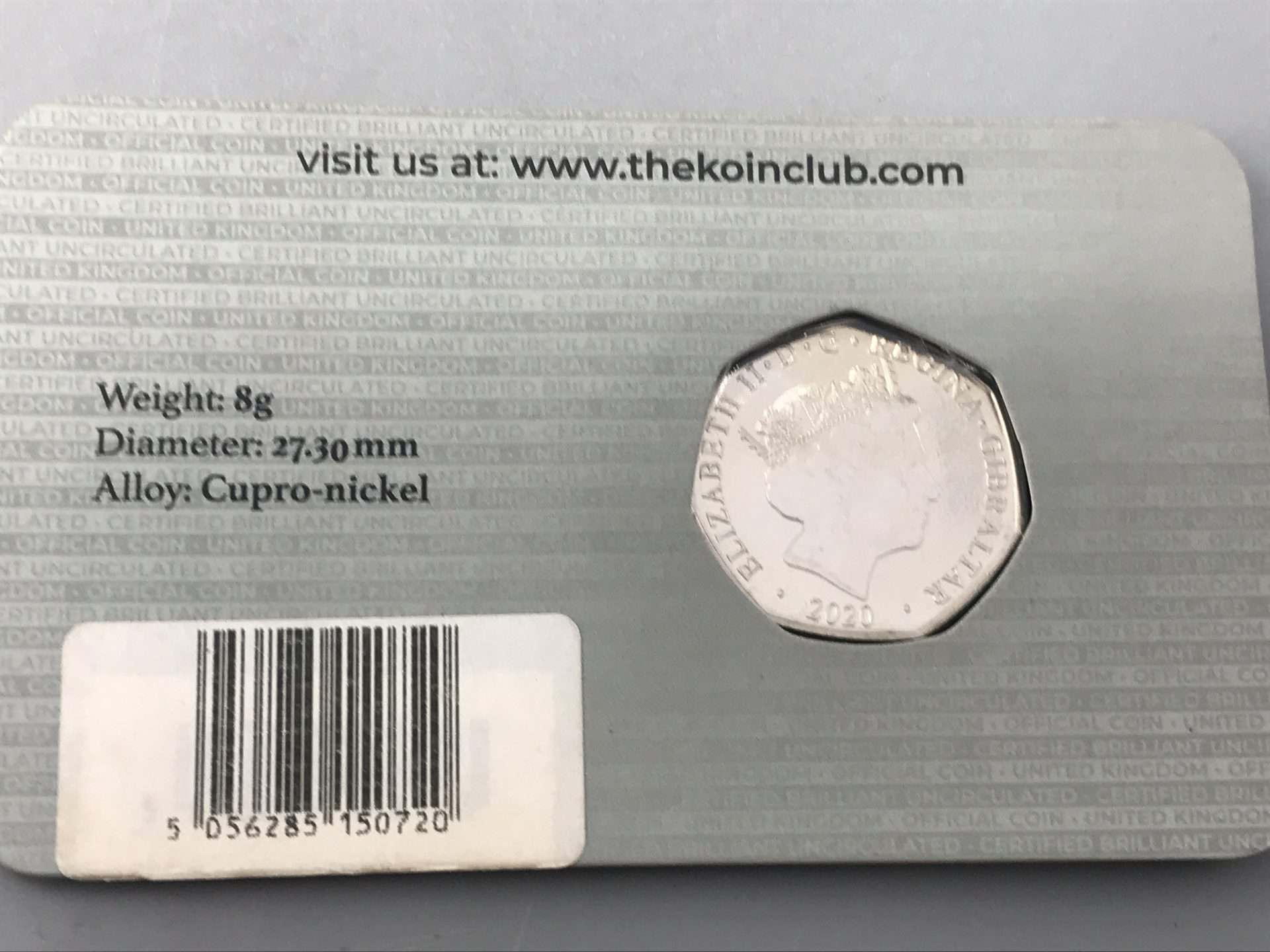 Back of collector card for 2020 uncirculated Gibraltar 50p coin with Queen Elizabeth II portrait and specification text