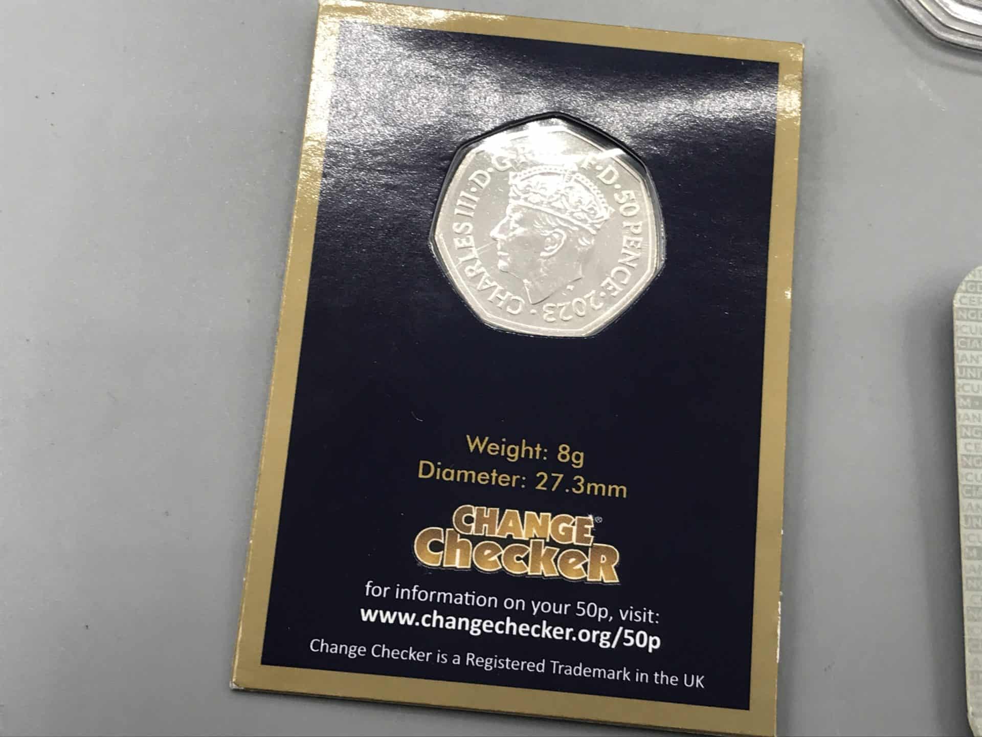 Close-up of 2023 King Charles III uncirculated 50p coin in Change Checker presentation card