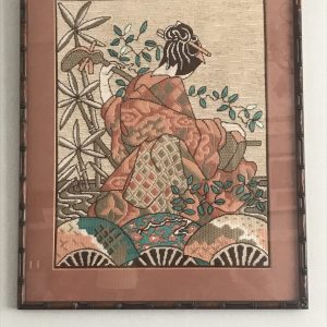 Vintage 1950s Japanese Geisha Embroidery – Framed Needlework, Bamboo Frame, 21″x17″
