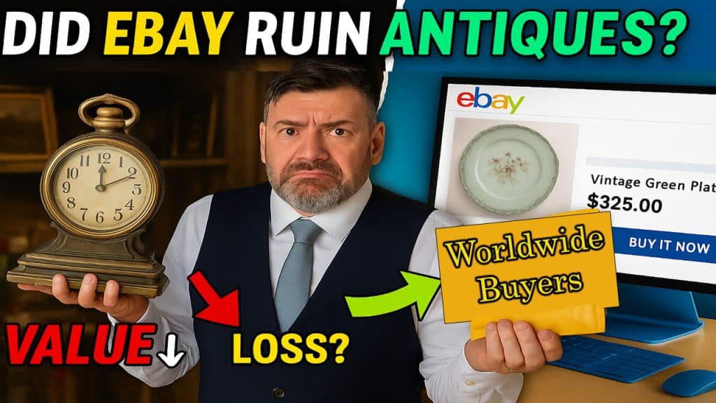 YouTube thumbnail asking "Did eBay ruin antiques?" featuring a man holding an antique clock and a sign reading "Worldwide Buyers," with eBay screen in background