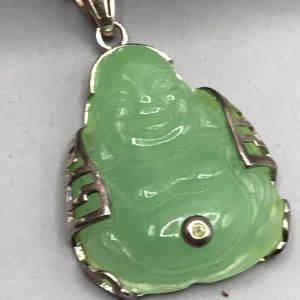 Vintage Silver and Jade Buddha Necklace – Carved Green Pendant