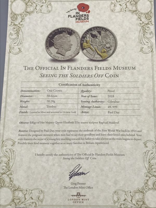 Certificate of authenticity for the 2018 In Flanders Fields Museum “Seeing the Soldiers Off” proof coin