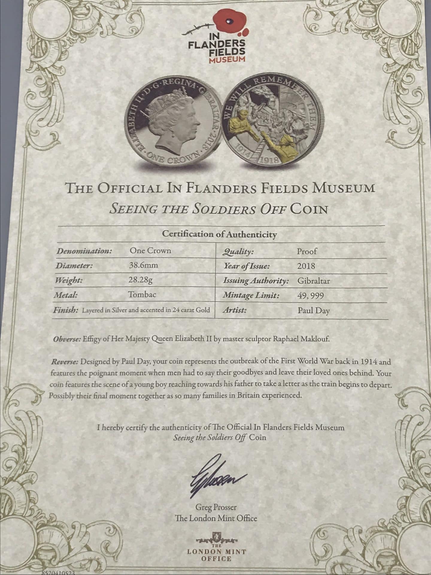 Certificate of authenticity for the 2018 In Flanders Fields Museum “Seeing the Soldiers Off” proof coin
